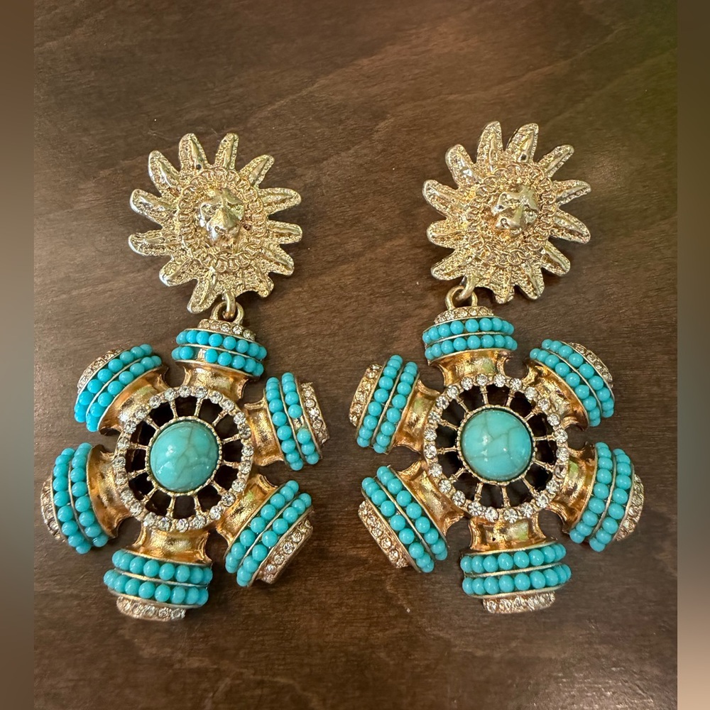 Gold Tone Turquoise Beaded Lion Head Sunburst Dangle Statement Earrings